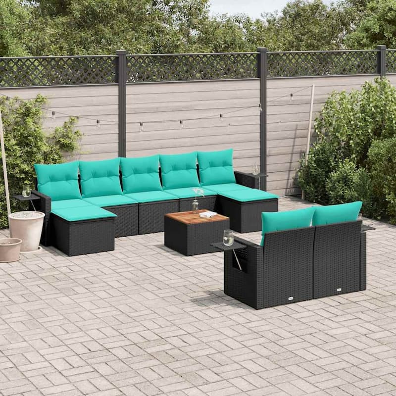 vidaXL 10 Piece Patio Sofa Set with Cushions Black Poly Rattan - 21.7" x 24.4" x 27.2" - Black and blue