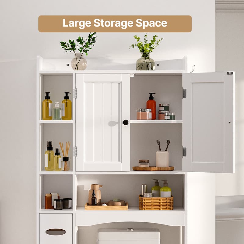 66''H Over The Toilet Storage Cabinet, Bathroom Storage Organizerwith 2 Doors, Paper Holder and Racks, Adjustable Shelf