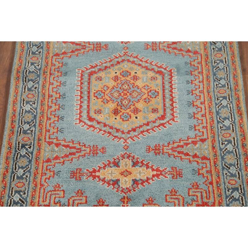 Light Blue Geometric Viss Indian Accent Rug Hand-Knotted Wool Carpet - 3'0"x 5'0"