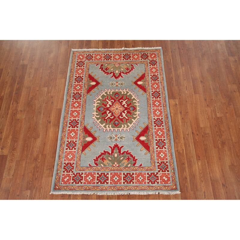 Kazak Accent Rug Hand-Knotted Geometric Wool Carpet - 3'4" x 4'11"