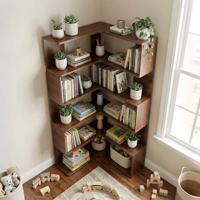 Anmytek 66" Tall L Shaped Corner Bookshelf 6 Tier Walnut Open Display Shelf for Living Room Bedroom Office