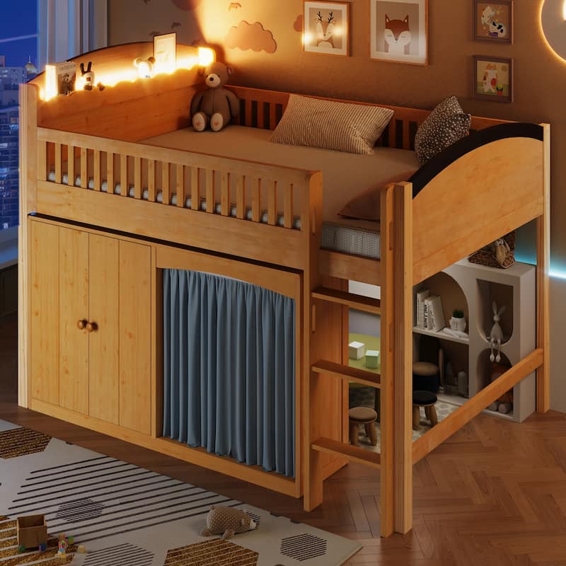 GDFStudio - UrbanGrow Modern Wooden Loft Bed with Storage Cabinet, Wardrobe and LED Light