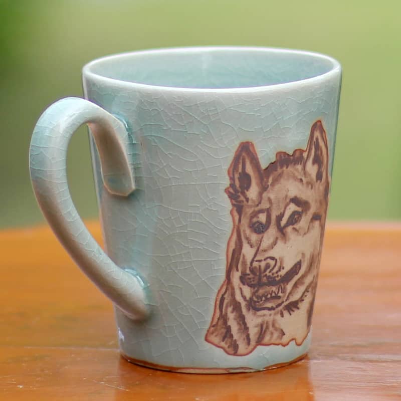 Novica Handmade Lupine Libation Celadon Ceramic Mug