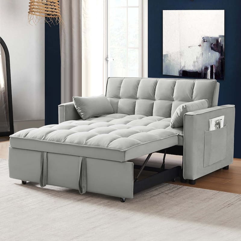Aukfa Velvet Convertible Sleeper Sofa Loveseat with Side Pocket - Grey