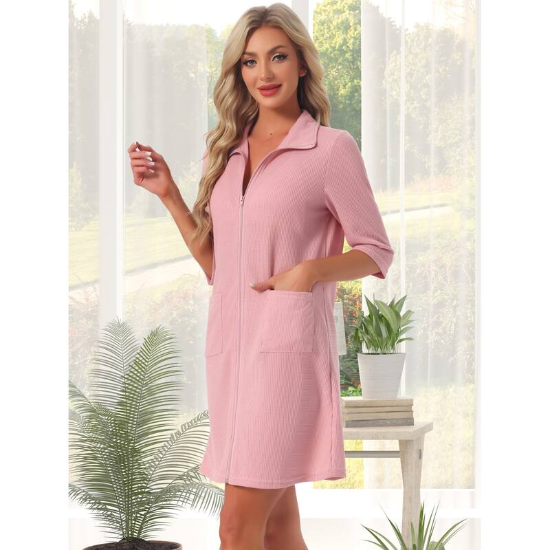 Women's Zip Up Robes 3/4 Sleeves Waffle Bathrobe Sleepwear with Pockets