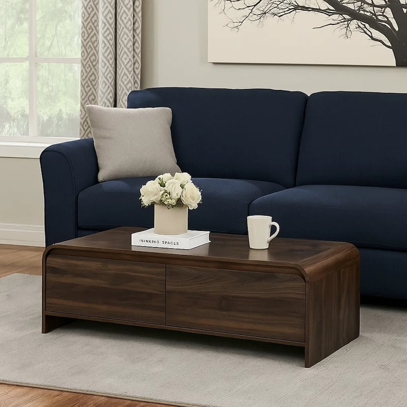 Maria Coffee Table, 2 Drawer and Waterfall Style, Brown Wood 47 Inch