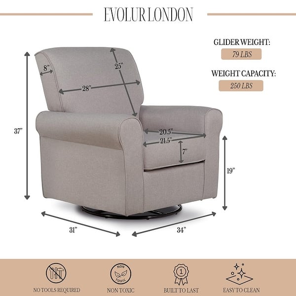 dimension image slide 2 of 5, Evolur London Upholstered Plush Seating Glider Swivel, Ergonomically Designed for Nursery
