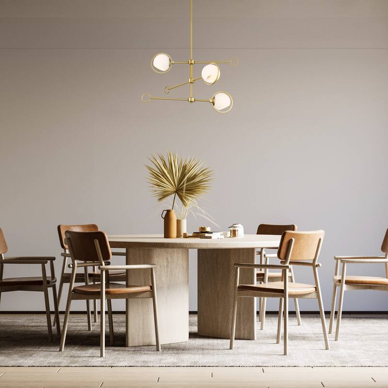 Teatro 28 in. 3-Light Brushed Gold Modern Chandelier with Etched Opal Glass Shades