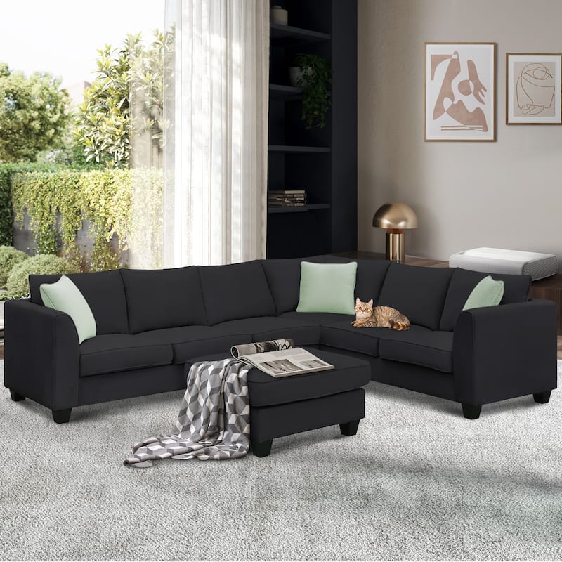 112-inch L-shaped 7-seat Modular Sectional Sofa with Ottoman and Three Pillows - 112"W x 87"D x 33"H