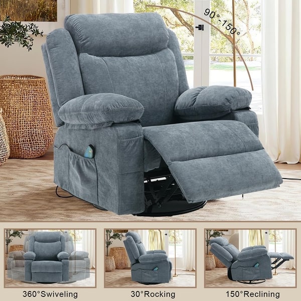 Swivel Rocker Recliner Chair With Heat & Massage - 360 Spin, Compact For Small Spaces