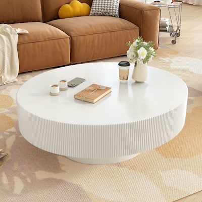 Round Coffee Table with 6.8" Thick Tabletop, Modern Drum End Table, Minimalist Fluted Center Table with Sturdy Base