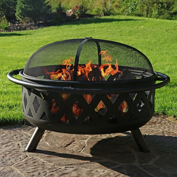 Shop Sunnydaze Black Metal Crossweave Fire Pit With Spark Screen And Sunnydaze Black Metal Crossweave Fire Pit with Spark Screen and Poker - 36 -Inch - Shop Sunnydaze Black Metal Crossweave Fire Pit With Spark Screen And