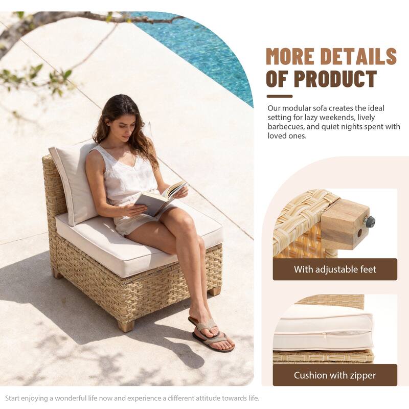 Outdoor Conversation Set Sectional Sofa 7-Piece Patio 3-Seater Modular Sofa Coffee Table Wicker Rattan Acacia Wood with Ottoman