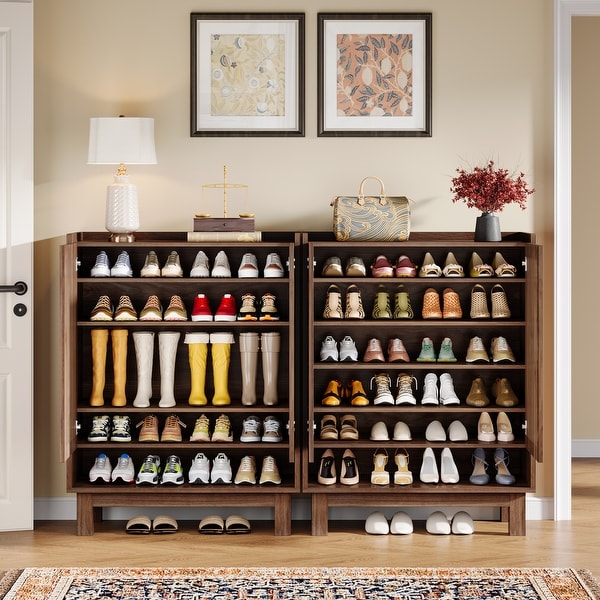 Farmhouse Wood Shoe Cabinet with Ventilated Doors for Entryway