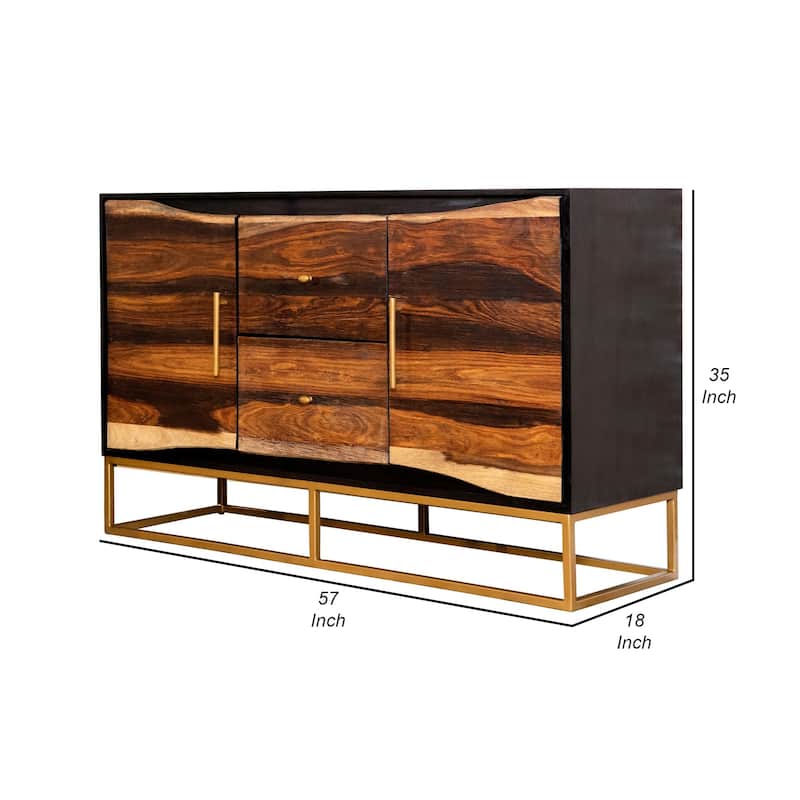 57 Inch Acacia Wood Storage Console Cabinet, 2 Drawers, Metal Frame, Brown