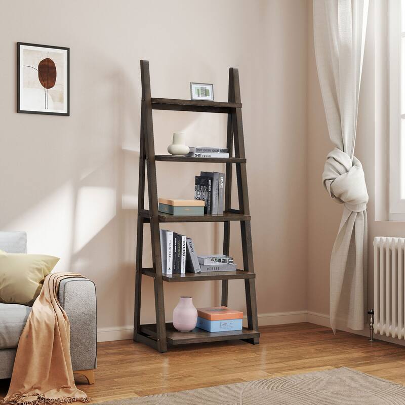 5-Tier Shelves,Bookshelf, Storage Rack, Bookcase with Rubber Wood Frame, Ladder Shelf - Rustic Brown