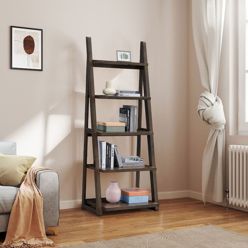 GDF Studio - Modern 5-Tier Ladder Bookshelf with Solid Rubber Wood Frame and MDF Shelves - Rustic Brown
