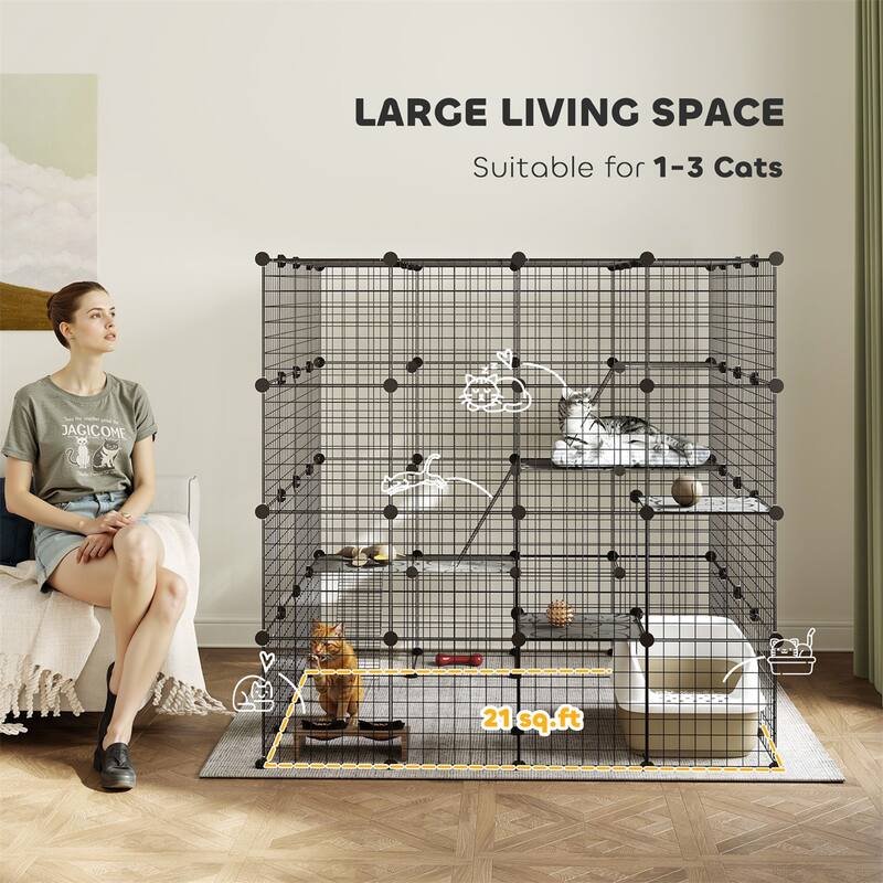 Black Steel PP Expandable Cat Cage with Jump Platforms and Doors