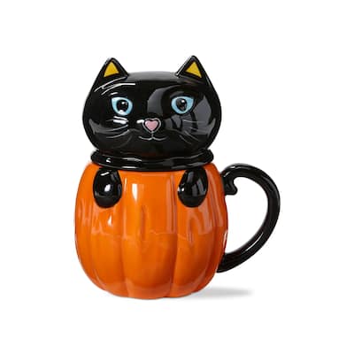 Hello Pumpkin Cute Kitty Lidded Mug - 15oz Ceramic Drinkware for Halloween - Multicolor, Hand Wash Only