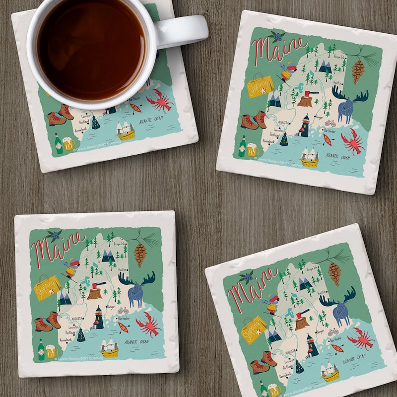 Maine 4-Pack Absorbent Stone Coasters with Protective Cork Backing 4" Square Made in The USA Artistic Easily Wipes Clean