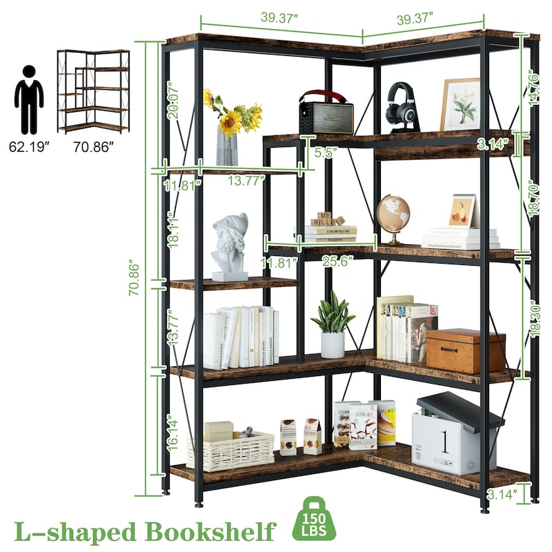 5-Tier L-Shaped Corner Bookshelf, Industrial Style Storage Shelf