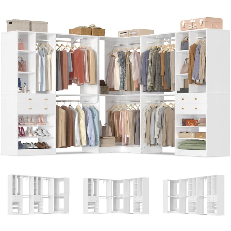 Rackcog Freestanding Corner Closet System Set, Closet Organizer with Hanging Rods and Drawers