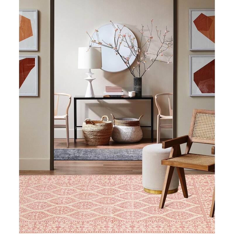 ECARPETGALLERY Hand-knotted Mirzapur Dark Pink, Ivory Silk, Wool Rug - 5'7 x 7'10