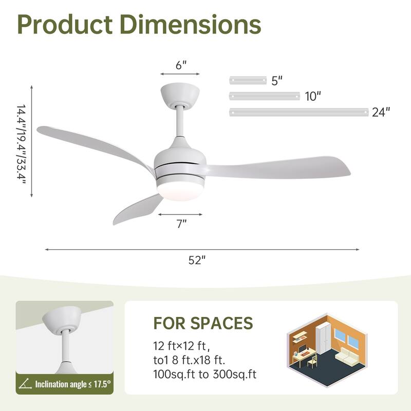 52" Smart Ceiling Fan with Light and Remote Control, 5 ABS Blades, LED Dimmable Optional
