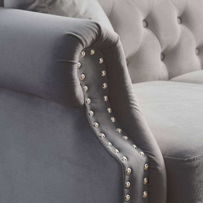 79" Grey Velvet 3 Seater Chesterfield Sofa with Rolled Arms and Nailhead