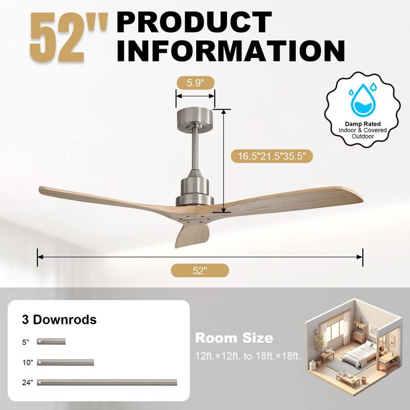 Sofucor 48/52 Inch Ceiling Fan with Light, Solid Wood Blades for Living Room, Bedroom,Smart Optional