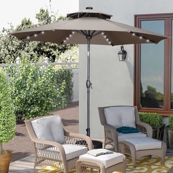 slide 2 of 34, 10ft Patio Umbrella with Lights 2-Tier Outdoor Umbrella with Base Brown-clearance