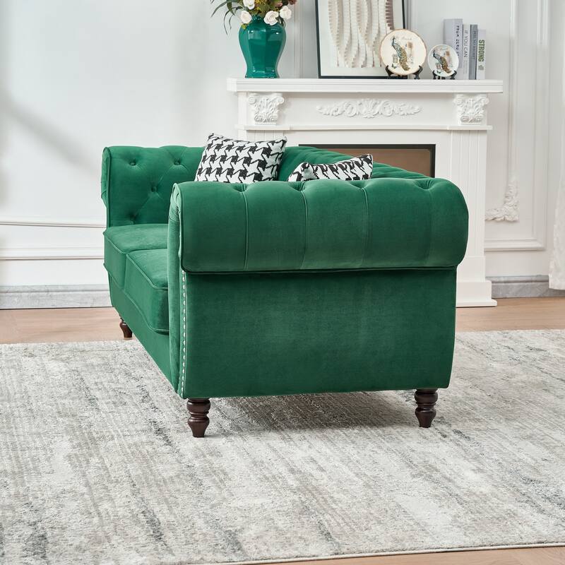 Velvet Upholstery Fabric 2-Seater Sofa with Rolled Armrests and Rivet Embellishments, for Living Rooms, Green