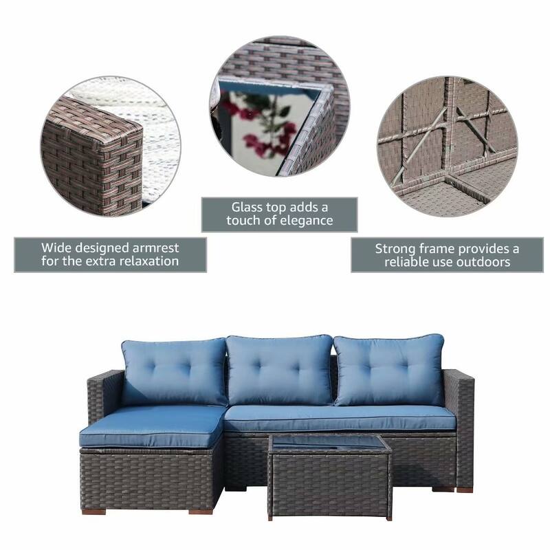 Outdoor Cushioned Wicker 3-piece Sectional Set