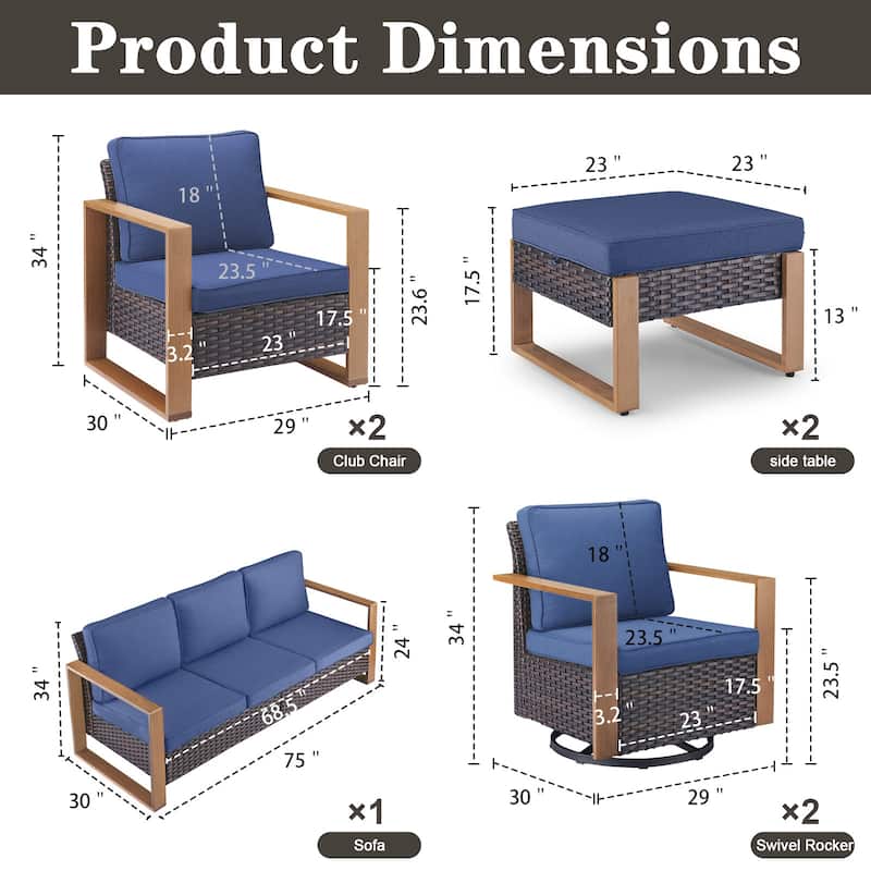 Gymojoy 7 Pieces Patio Sofa with Rattan Swivel Rocking Chair Ottomans Outdoor Conversation Set