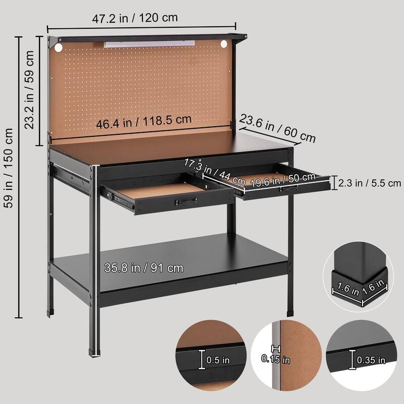 Workbench For Garage Oak Plank & Carbon Steel Heavy Duty Workbench