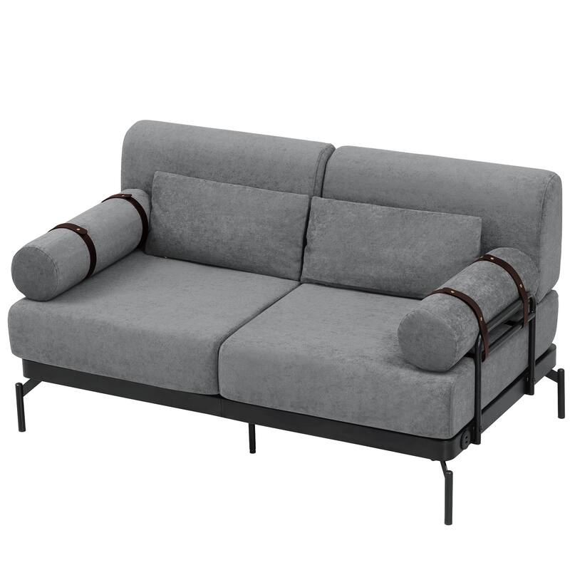 Chenille Loveseat Sofa, 59" 2 Seater Sofa with USB Ports, Round Arms, Adjustable Faux Leather Straps for Living Room