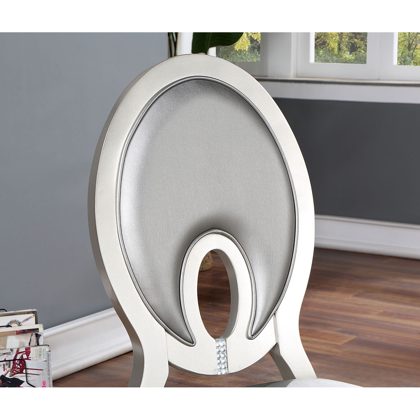 Formal Dining Room Furniture Two Chairs Silver Side Chair Cutout Back Cushion Leatherette Upholstered