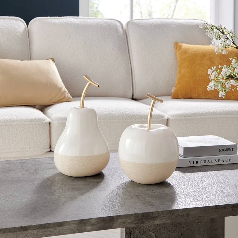 Large Dipped Fruits Ceramic Figurines - 11.25" - Whtie and Beige - Set of 2