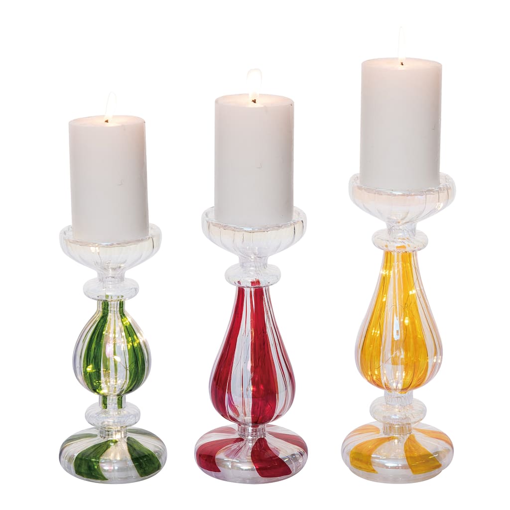 Transpac Glass 10 in. Holiday Stripe Candle Holder Set of 3