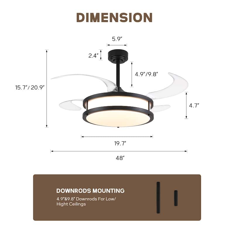 48" Modern Retractable Dimmable LED Chandelier Ceiling Fan with Remote