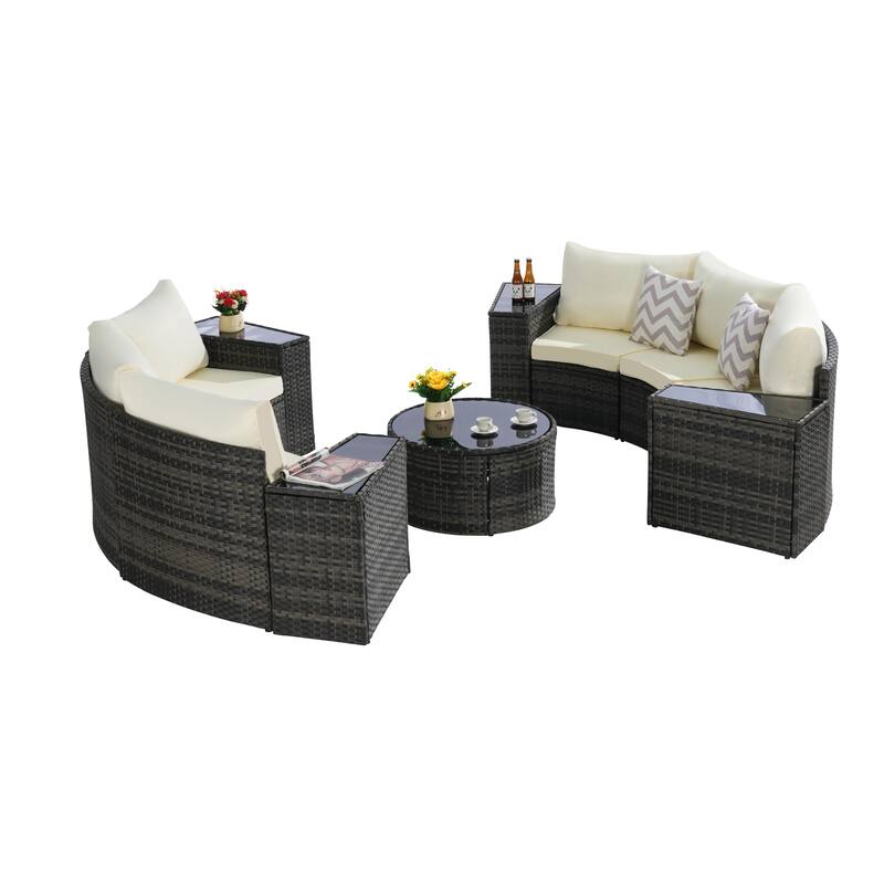 11-Piece Outdoor Half-Round Modular Sectional Sofa Set with Tempered Glass Coffee Table and 4 Side Table