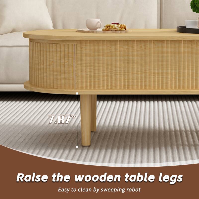 Fluted Lift Top Coffee Table with Hidden Compartment, Wooden Center Table, Modern Oval Lift Tabletop for Home