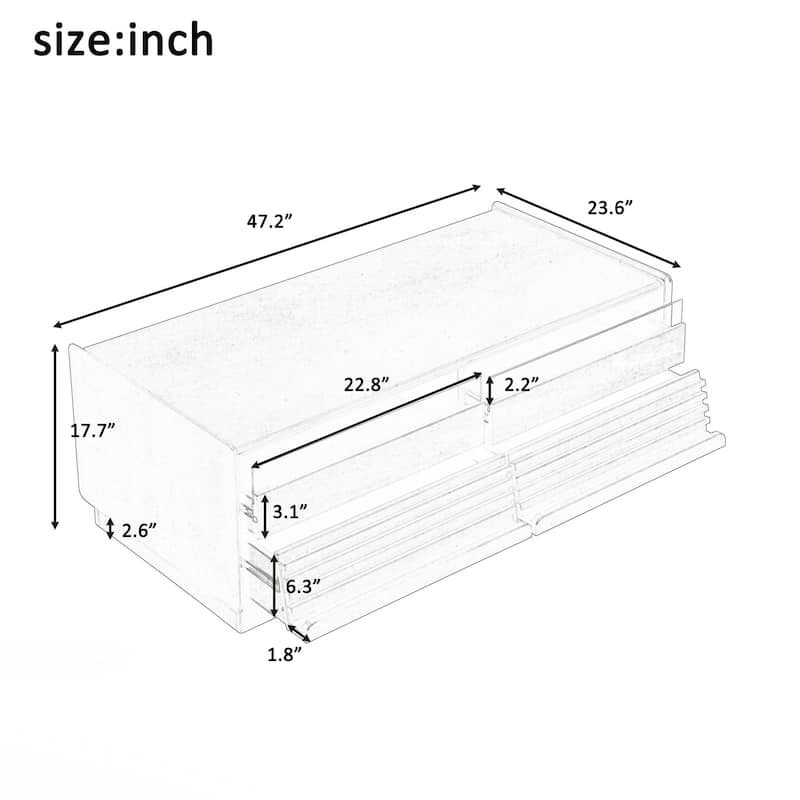 Modern Rectangle Coffee Table with 4 Drawers and 2 Display Shelves, 47.2" Wood Coffee Table with Fluted Style, Tempered Glass