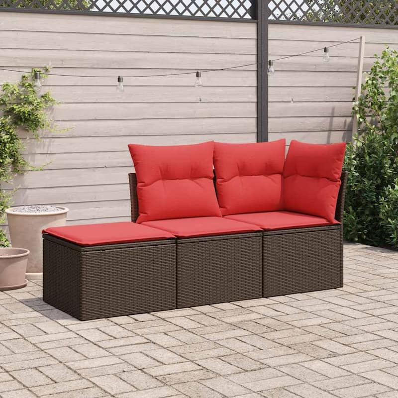 vidaXL 3 Piece Patio Sofa Set with Cushions Brown/Gray Poly Rattan - 24.4 x 24.4 x 27.2 - Brown and red