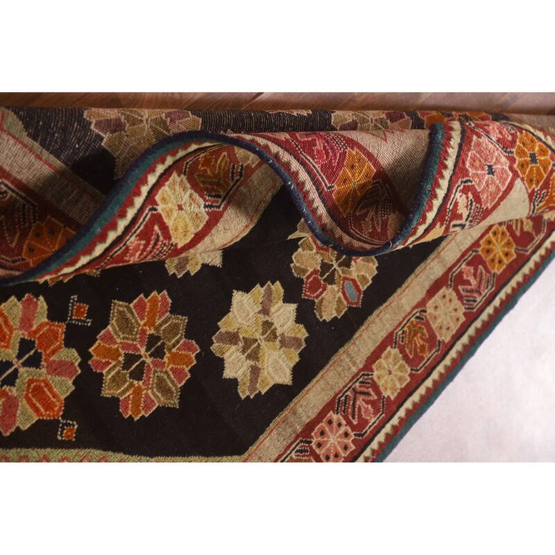 Geometric Black Shiraz Persian Vintage Area Rug Handmade Wool Carpet - 3'2"x 5'2"