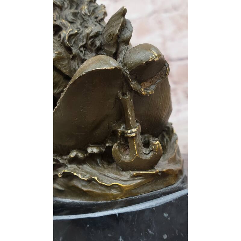 Bronze Fairy And Child In Swan Boat Sculpture On Marble Base