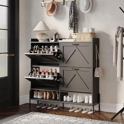 Shoe Cabinet with 4 Flip Drawers and Open Shelves