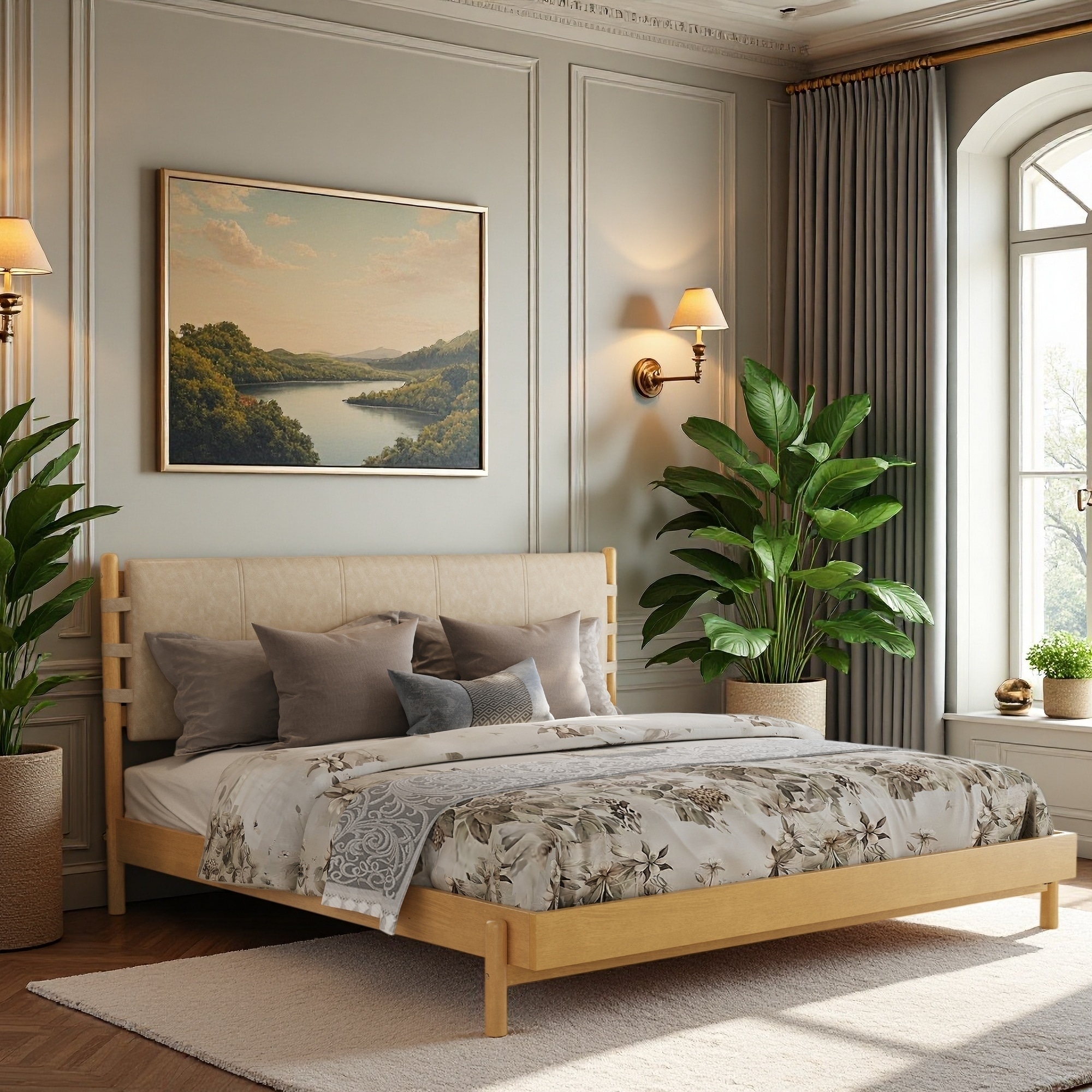 Rubberwood Platform Bed Frame with Mid-Century Modern Style
