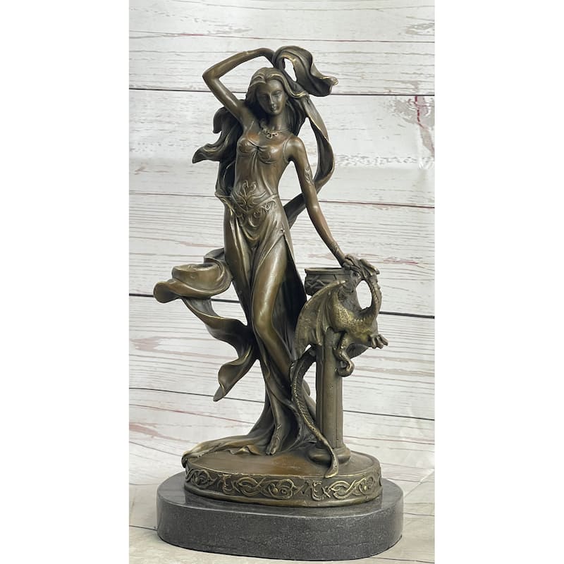 Fantasy Female Figure Art Nouveau Dragon Candle Holder Candelabra Bronze Sculpture