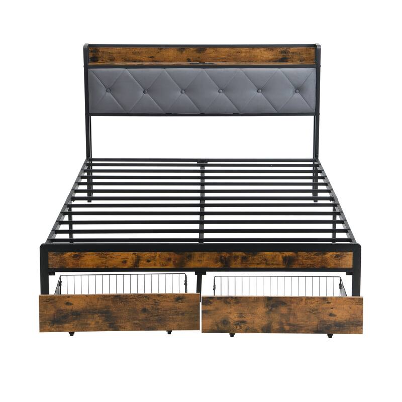 King Size Bed Frame with Storage, Metal Platform Bed Frame w/LED Lights Upholstered Headboard & Drawers and USB Charging Station